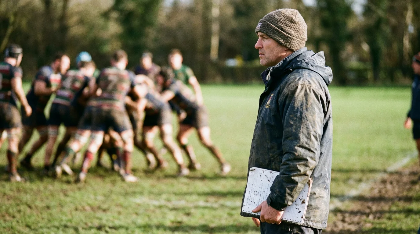 Entraîneur de rugby analysant le jeu depuis le bord du terrain lors d'un match