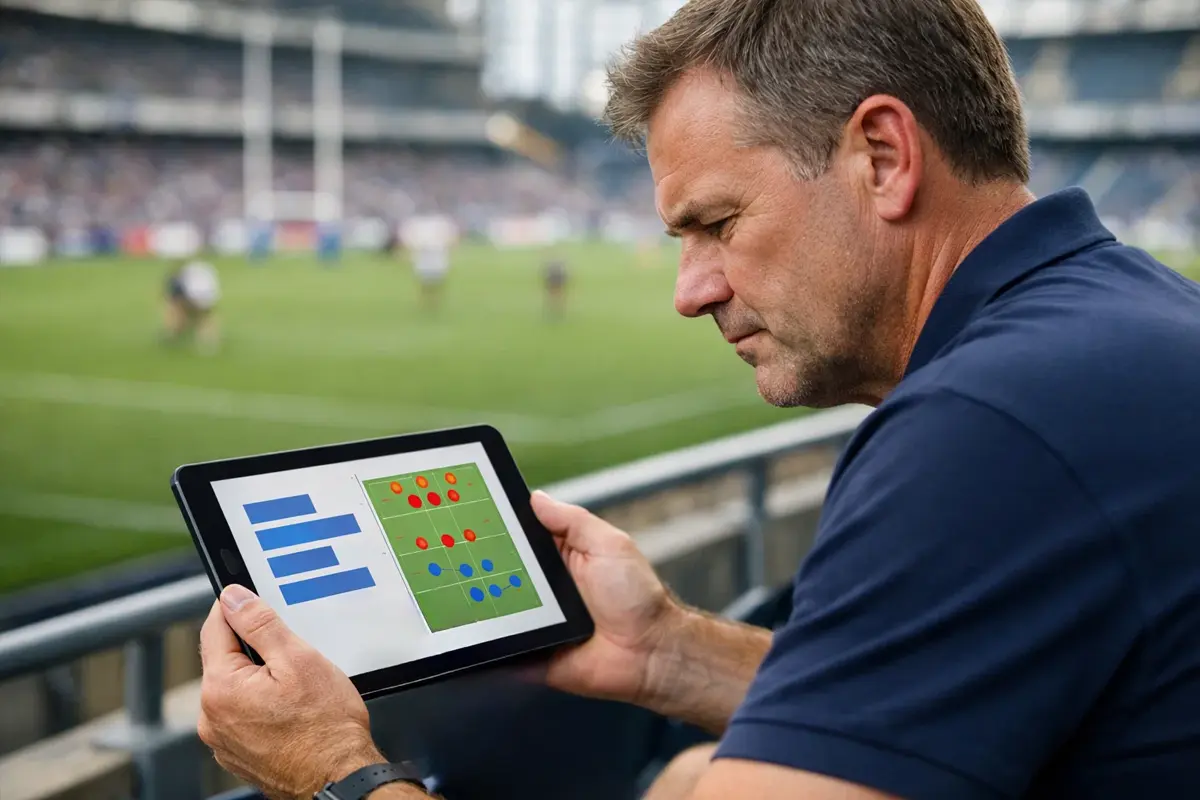 Entraîneur analysant les statistiques d'un match de rugby sur tablette