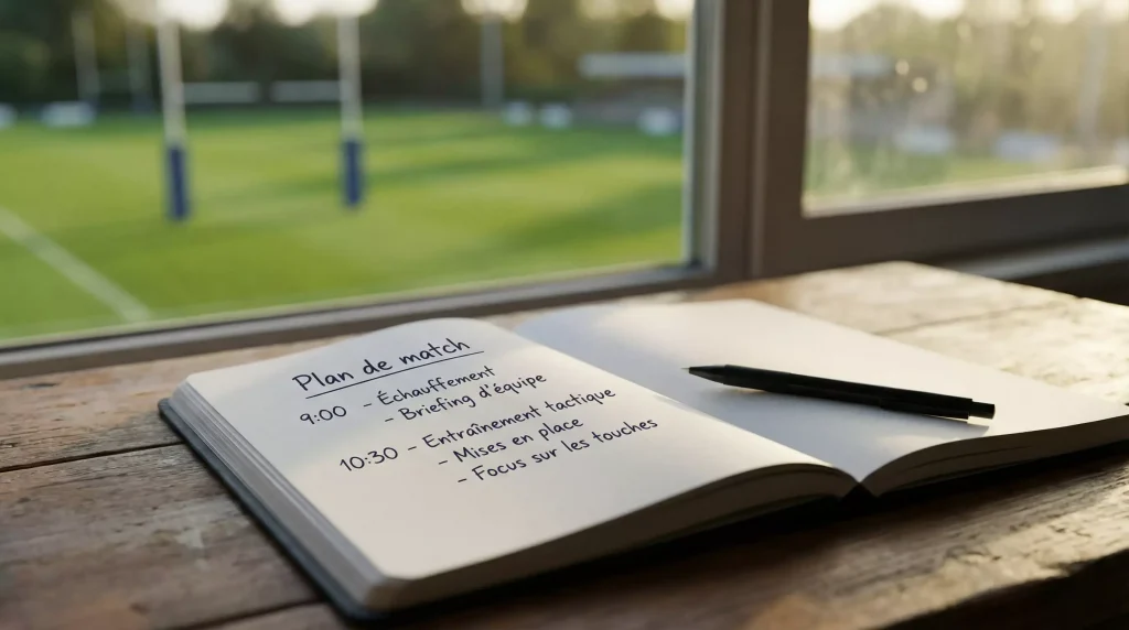 Bloc-notes de planification avec un stylo posé sur un terrain de rugby vert en arrière-plan