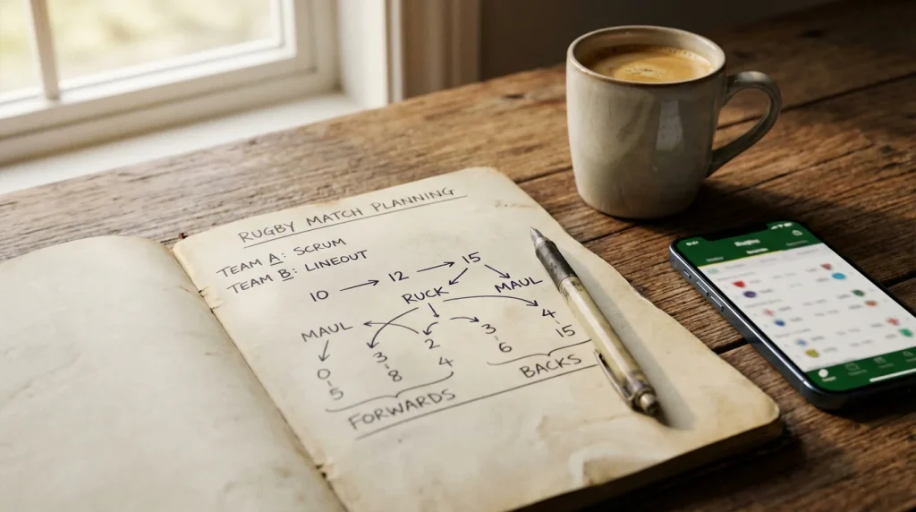 Carnet de notes ouvert avec stylo posé sur un plan de stratégie rugby