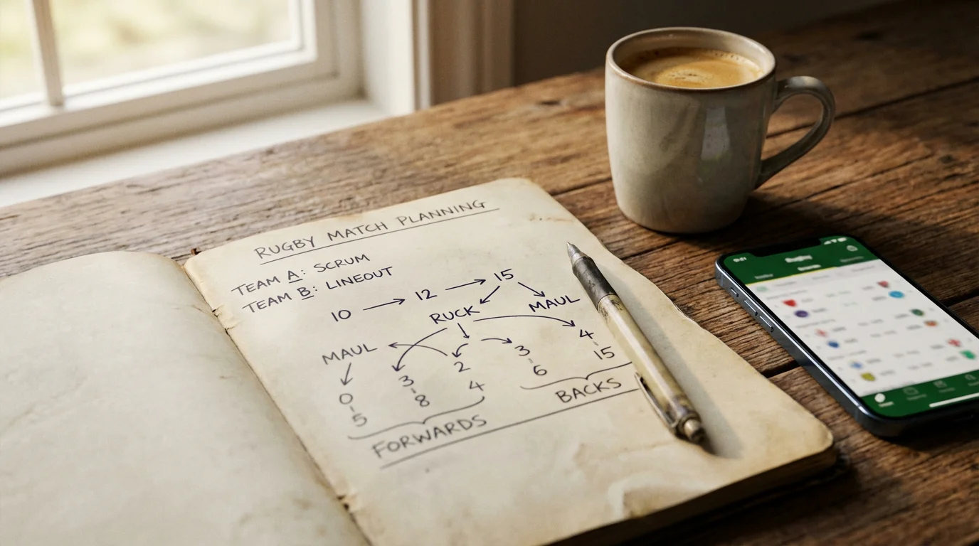 Carnet de notes ouvert avec stylo posé sur un plan de stratégie rugby