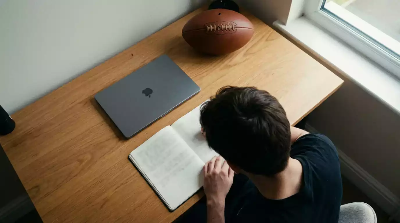 Personne consultant des pronostics de rugby sur un bureau avec un bloc-notes