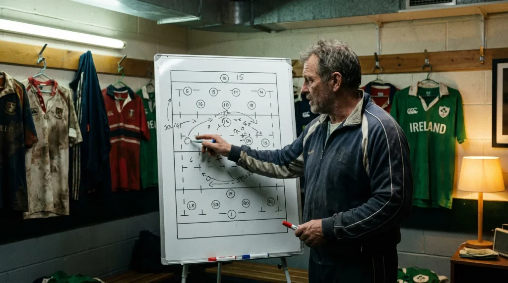 Entraîneur de rugby analysant la composition de son équipe sur un tableau blanc dans un vestiaire
