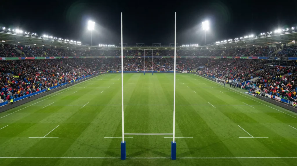Grand stade de rugby rempli de supporters lors d'une compétition internationale