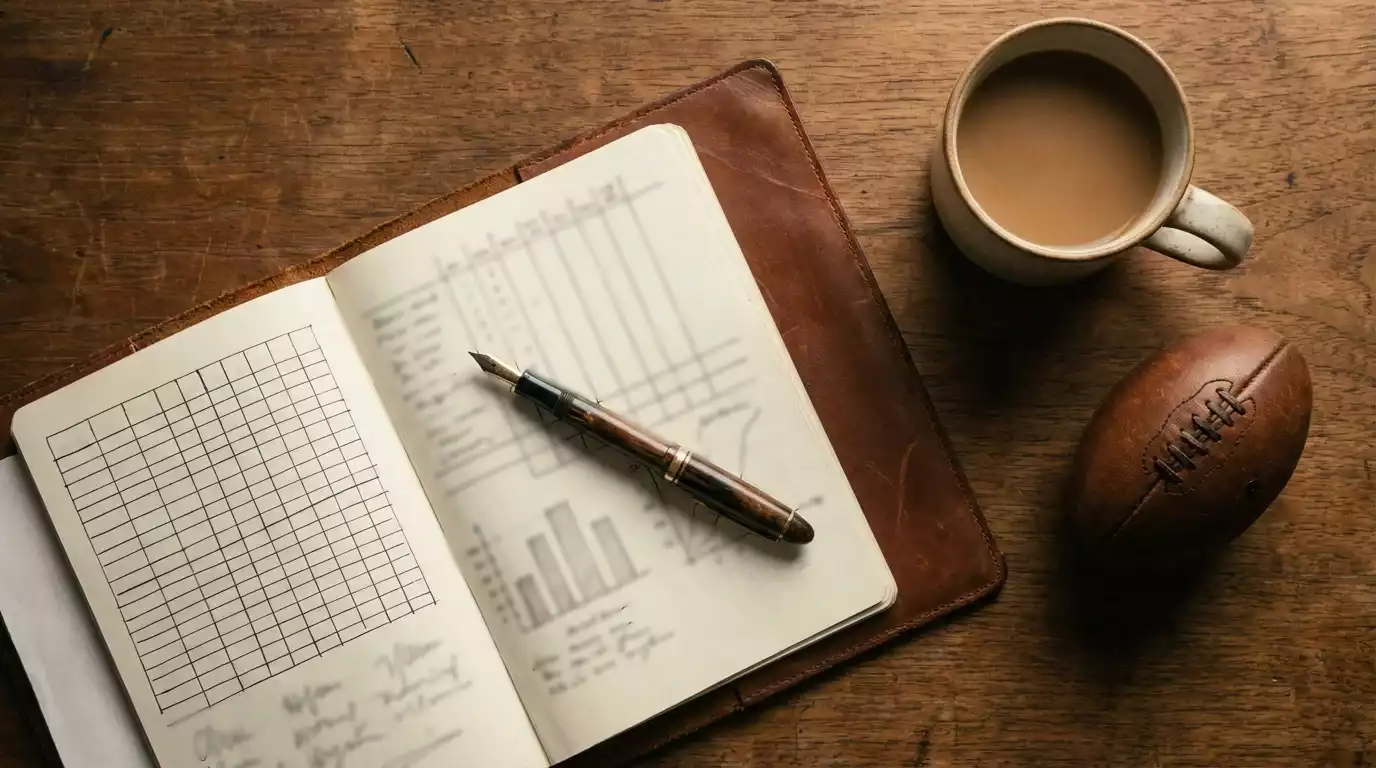 Personne organisant un plan de paris sportifs avec un cahier et un stylo sur un bureau