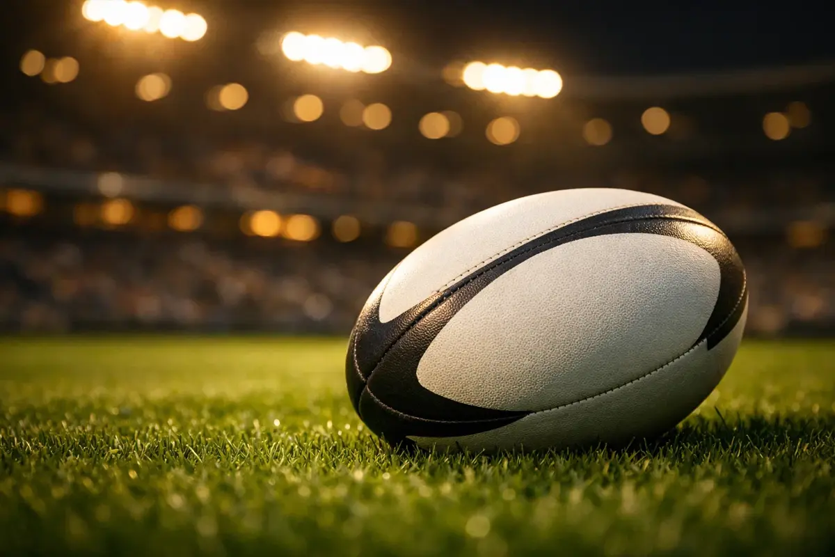 Ballon de rugby ovale sur terrain en herbe avec éclairage de stade