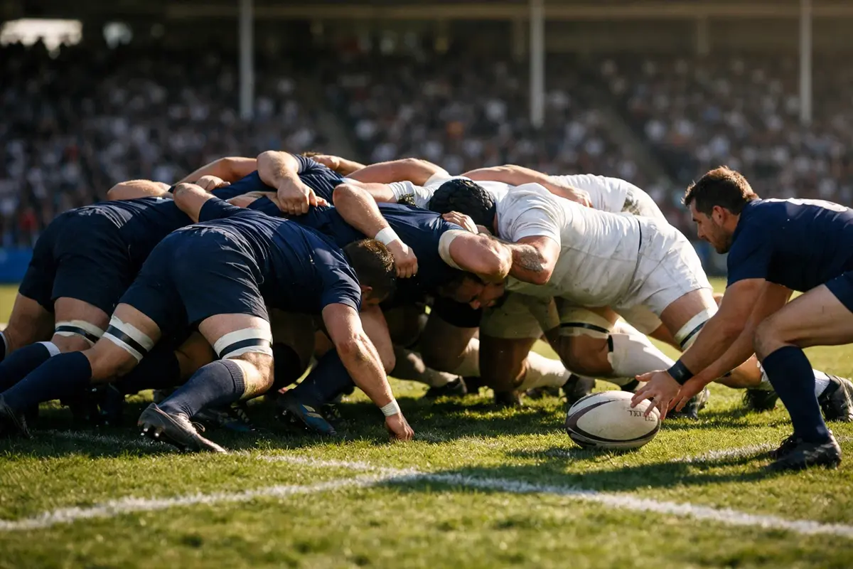 Match de rugby avec joueurs en mêlée sur terrain en herbe naturelle