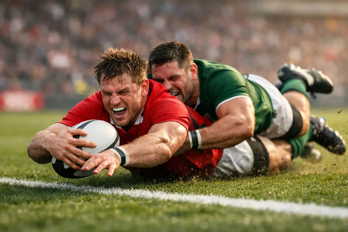 Joueur de rugby plaquant adversaire près de la ligne d'essai