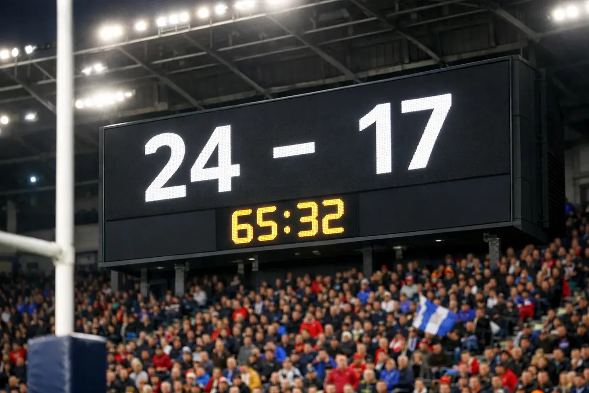 Tableau de score de rugby dans un stade avec supporters