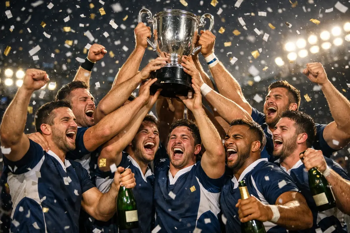 Équipe de rugby soulevant le trophée du championnat