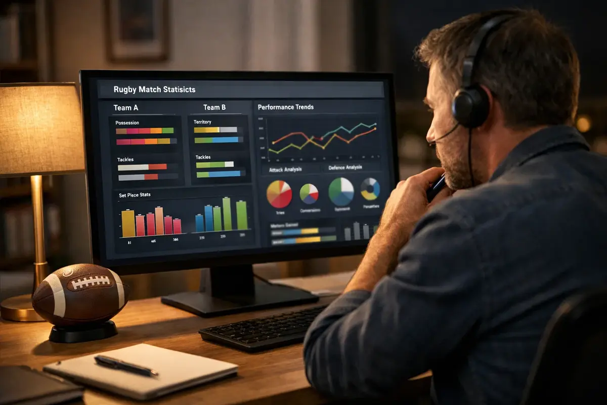 Analyste étudiant des statistiques de rugby sur écran d'ordinateur