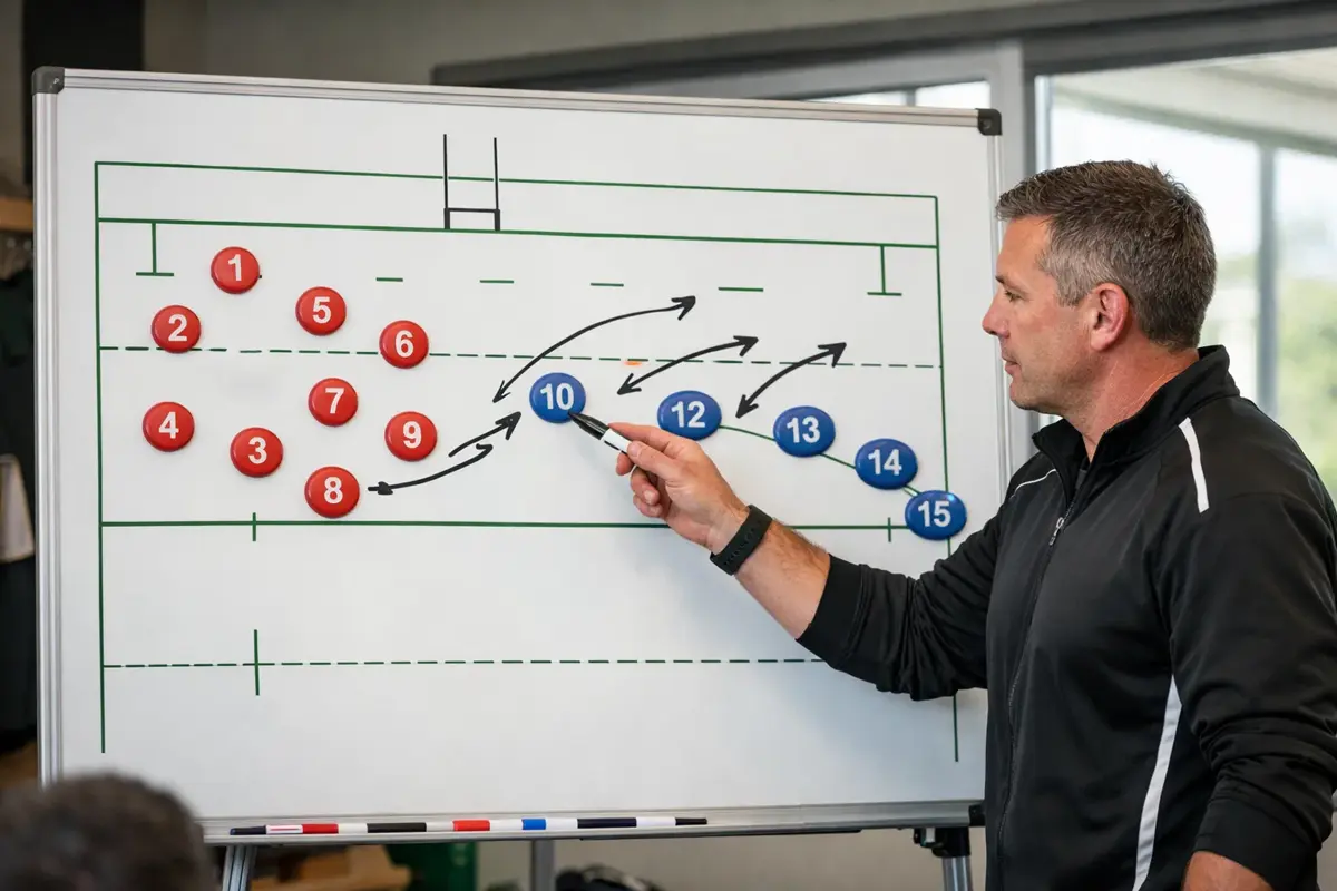 Entraîneur présentant la composition d'équipe sur tableau tactique
