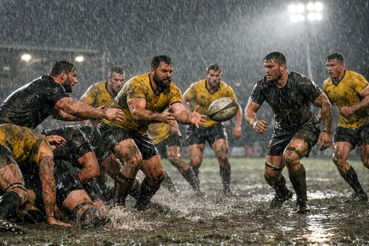 Match de rugby sous la pluie avec joueurs en action sur terrain boueux