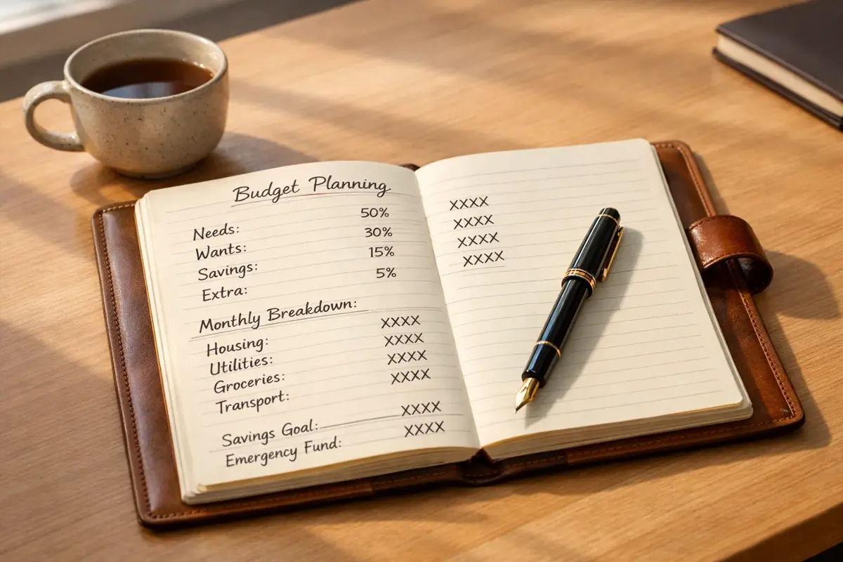 Carnet ouvert avec annotations de budget et stylo sur bureau