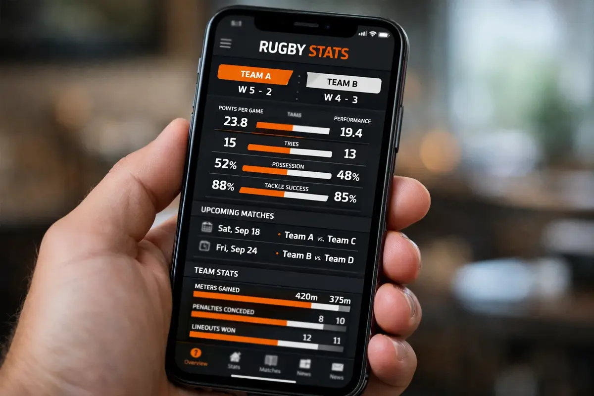 Smartphone affichant application de statistiques rugby en direct