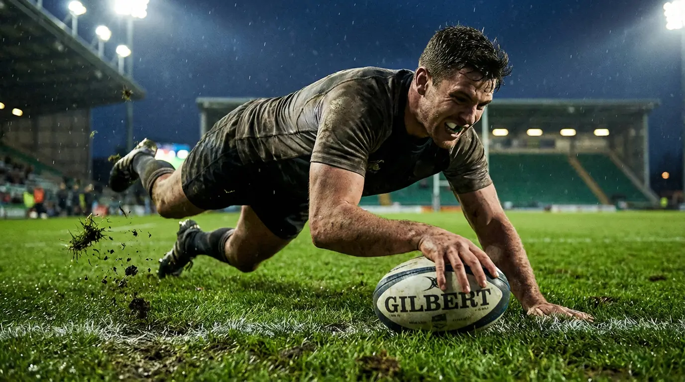 Joueur de rugby plongeant pour marquer un essai sur pelouse verte