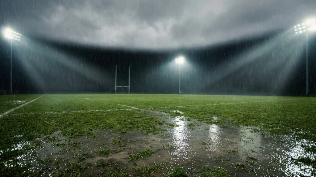 Terrain de rugby sous la pluie avec flaques d'eau et lumière naturelle