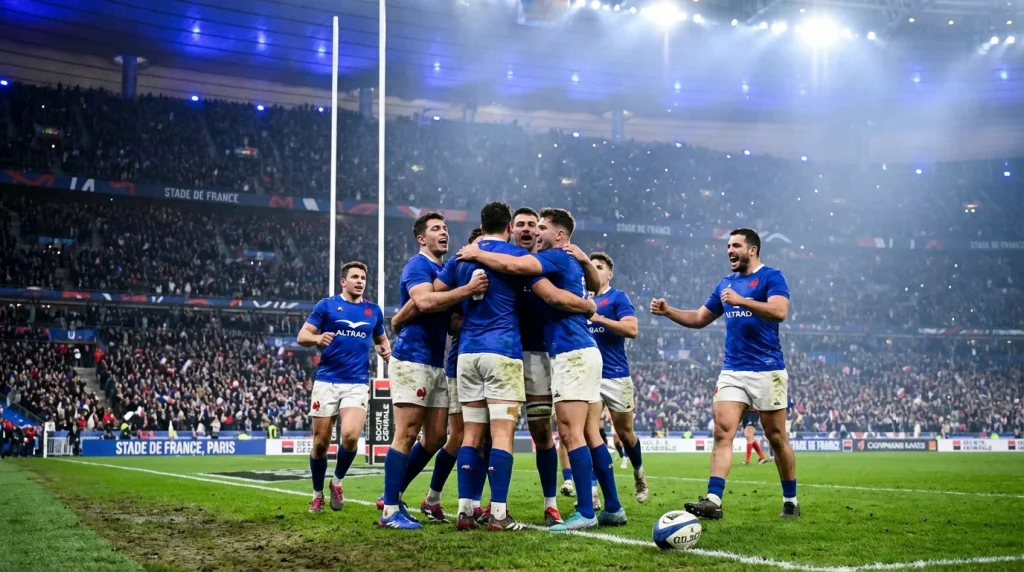 Joueurs du XV de France célébrant un essai au Stade de France sous les lumières bleues