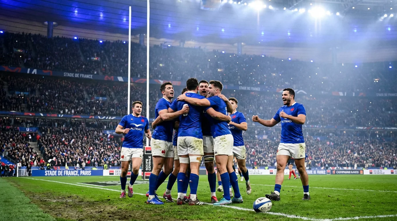 Joueurs du XV de France célébrant un essai au Stade de France sous les lumières bleues