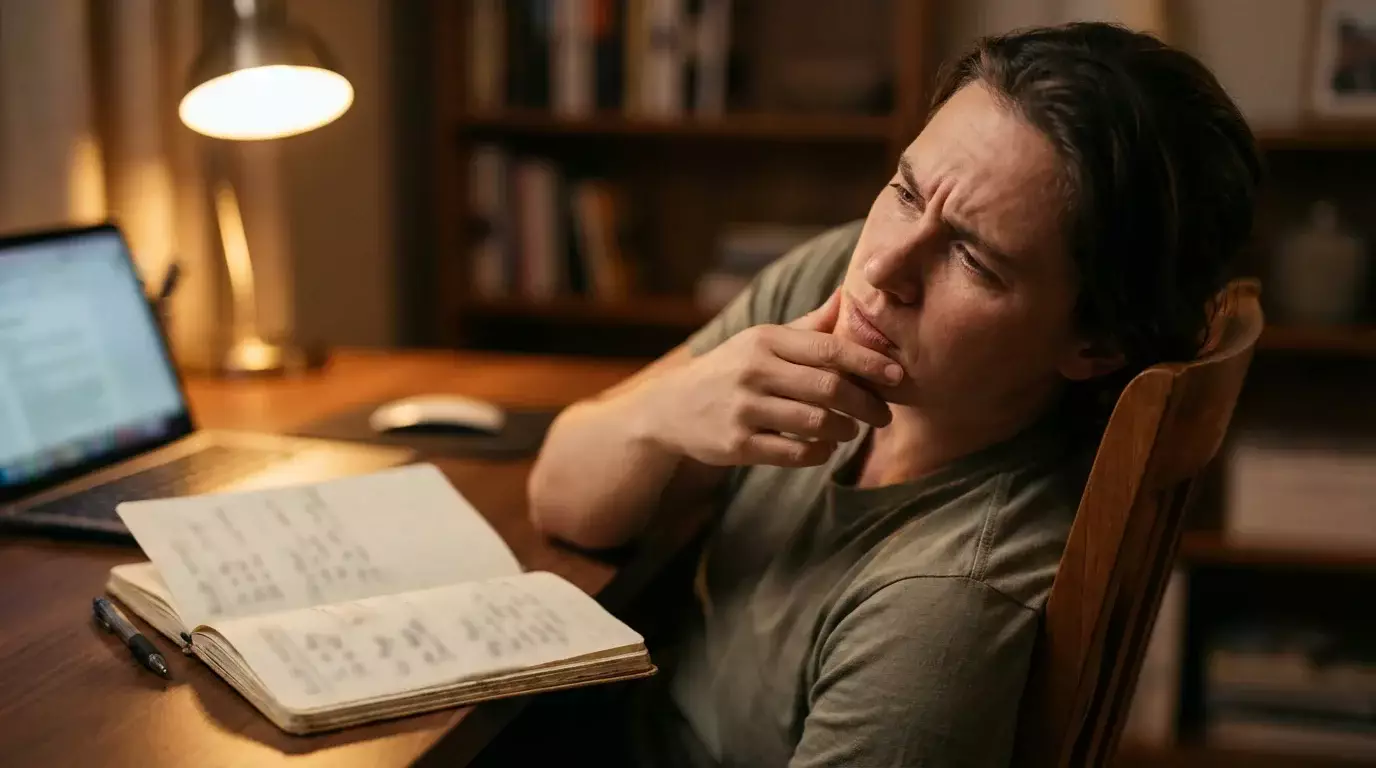 Personne en réflexion devant ses notes d'analyse de matchs de rugby