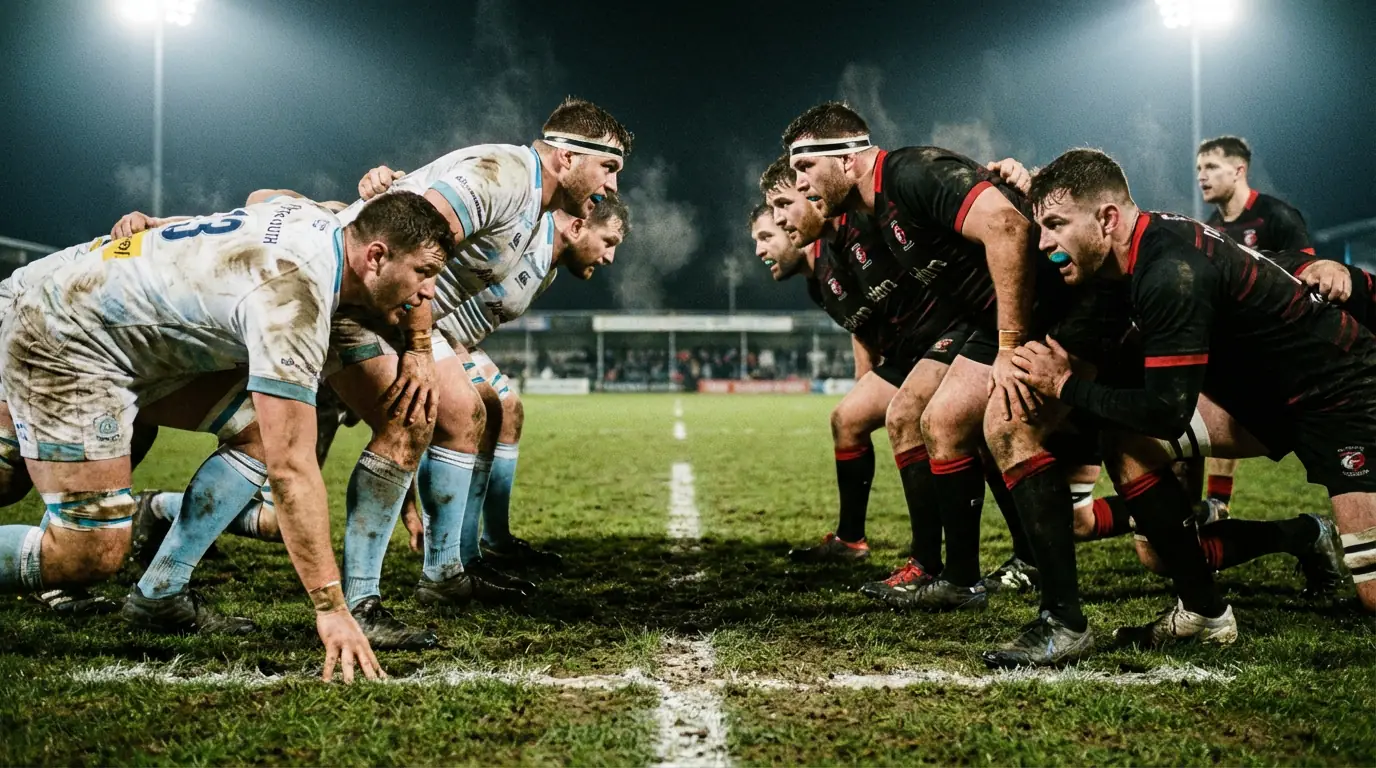 Deux équipes de rugby face à face avant un coup d'envoi sur un terrain éclairé