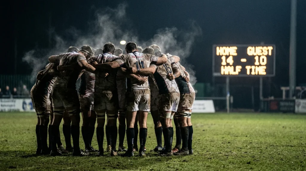 Joueurs de rugby se regroupant sur le terrain pendant la pause de mi-temps sous les projecteurs du stade
