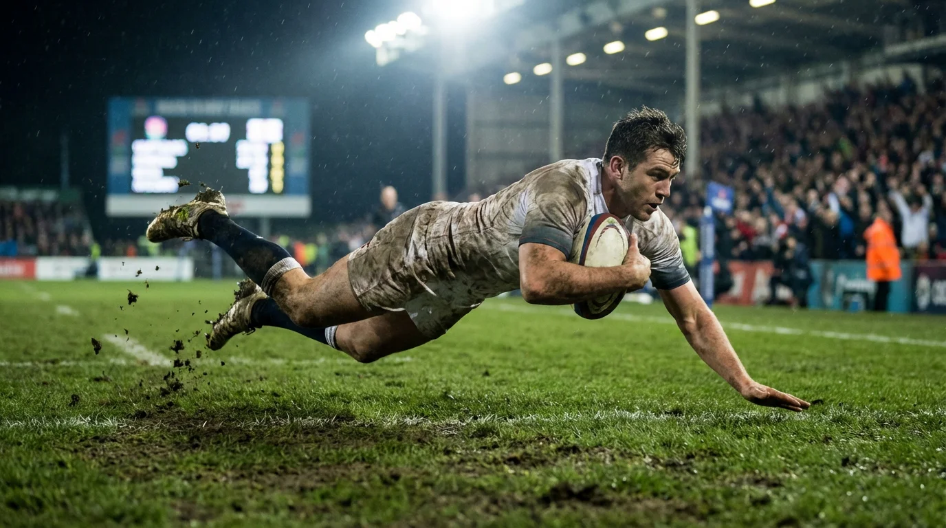 Tableau d'affichage de score dans un stade de rugby avec des joueurs en action