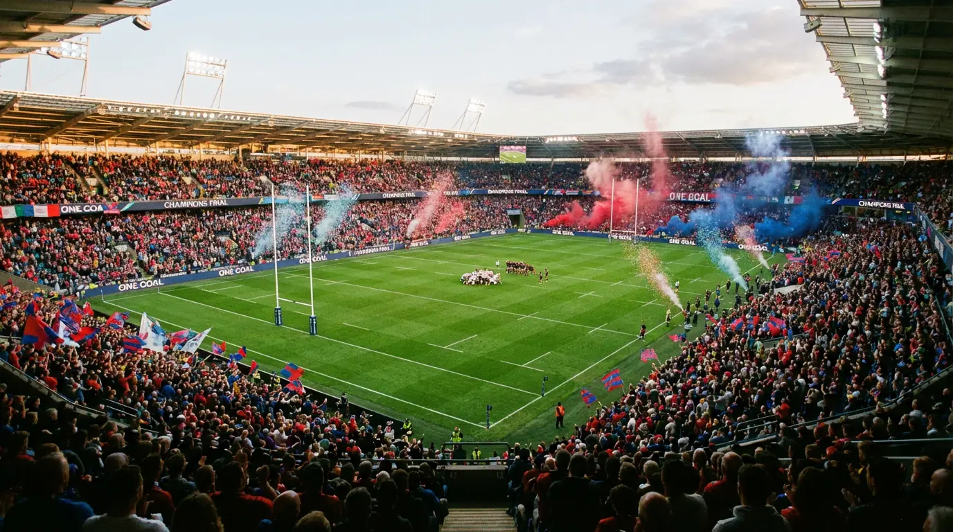 Stade de rugby comble lors d'une finale avec les projecteurs illuminant le terrain