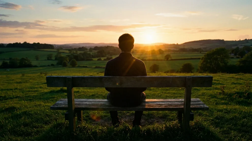 Personne réfléchissant calmement devant un coucher de soleil symbolisant l'équilibre et la responsabilité