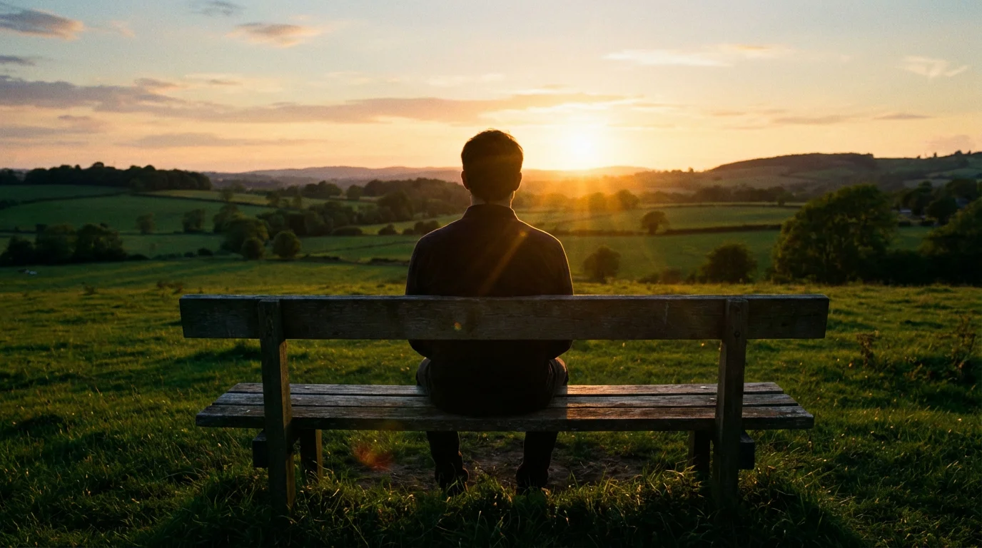 Personne réfléchissant calmement devant un coucher de soleil symbolisant l'équilibre et la responsabilité