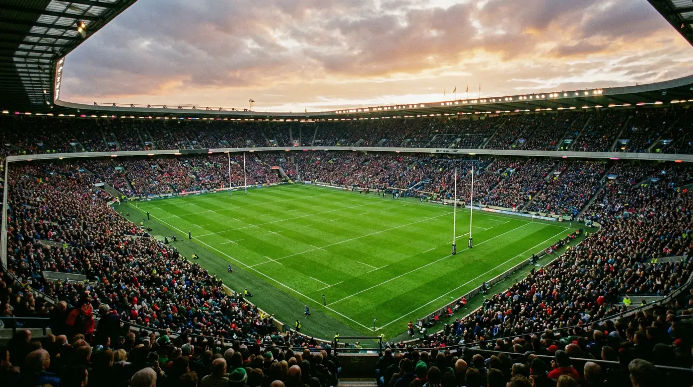 Stade de rugby rempli de spectateurs lors d'un match du Tournoi des 6 Nations