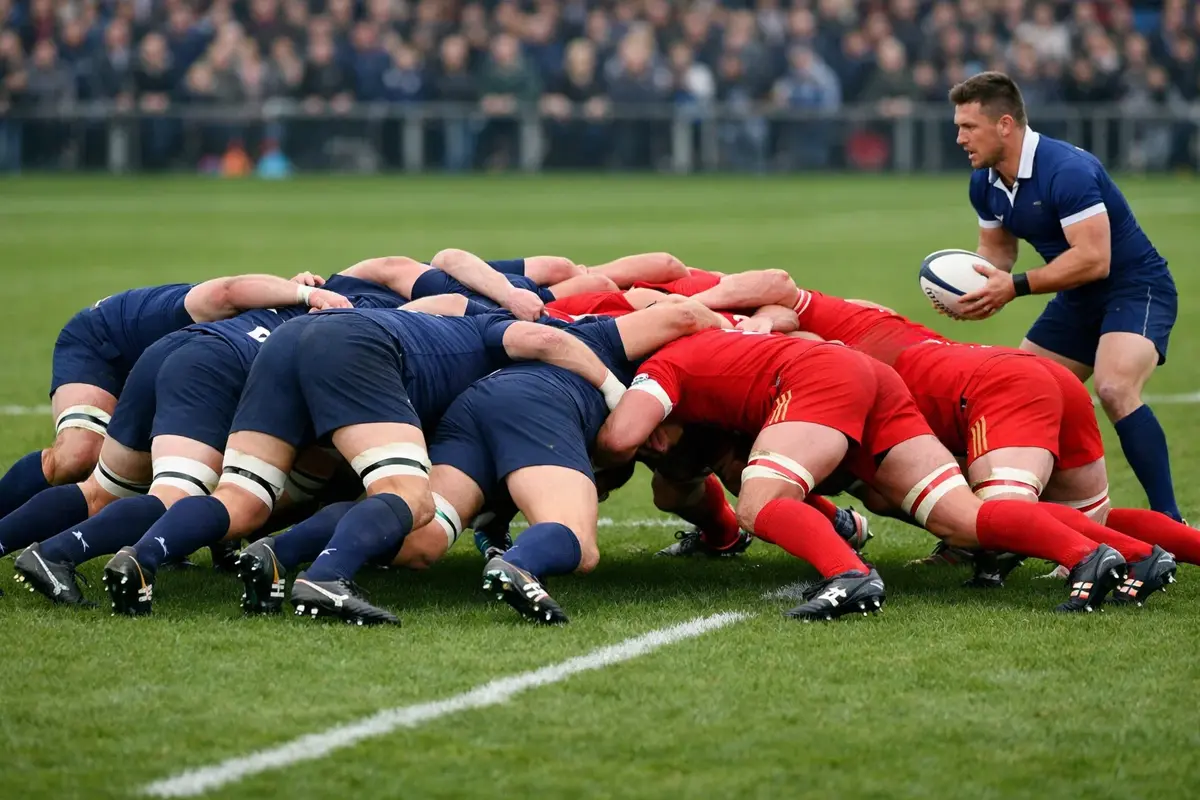 Joueurs de rugby en mêlée fermée sur terrain en herbe