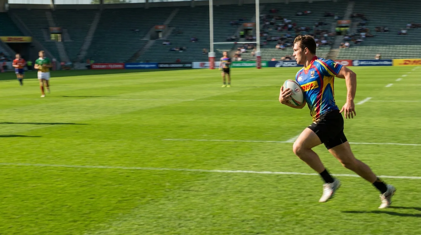 Action de rugby à 7 avec joueurs en pleine course sur terrain ouvert