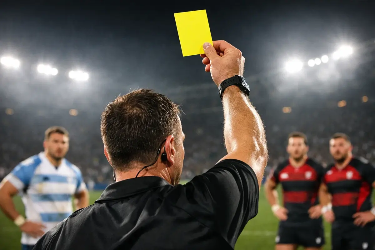 Arbitre de rugby brandissant un carton jaune lors du match professionnel