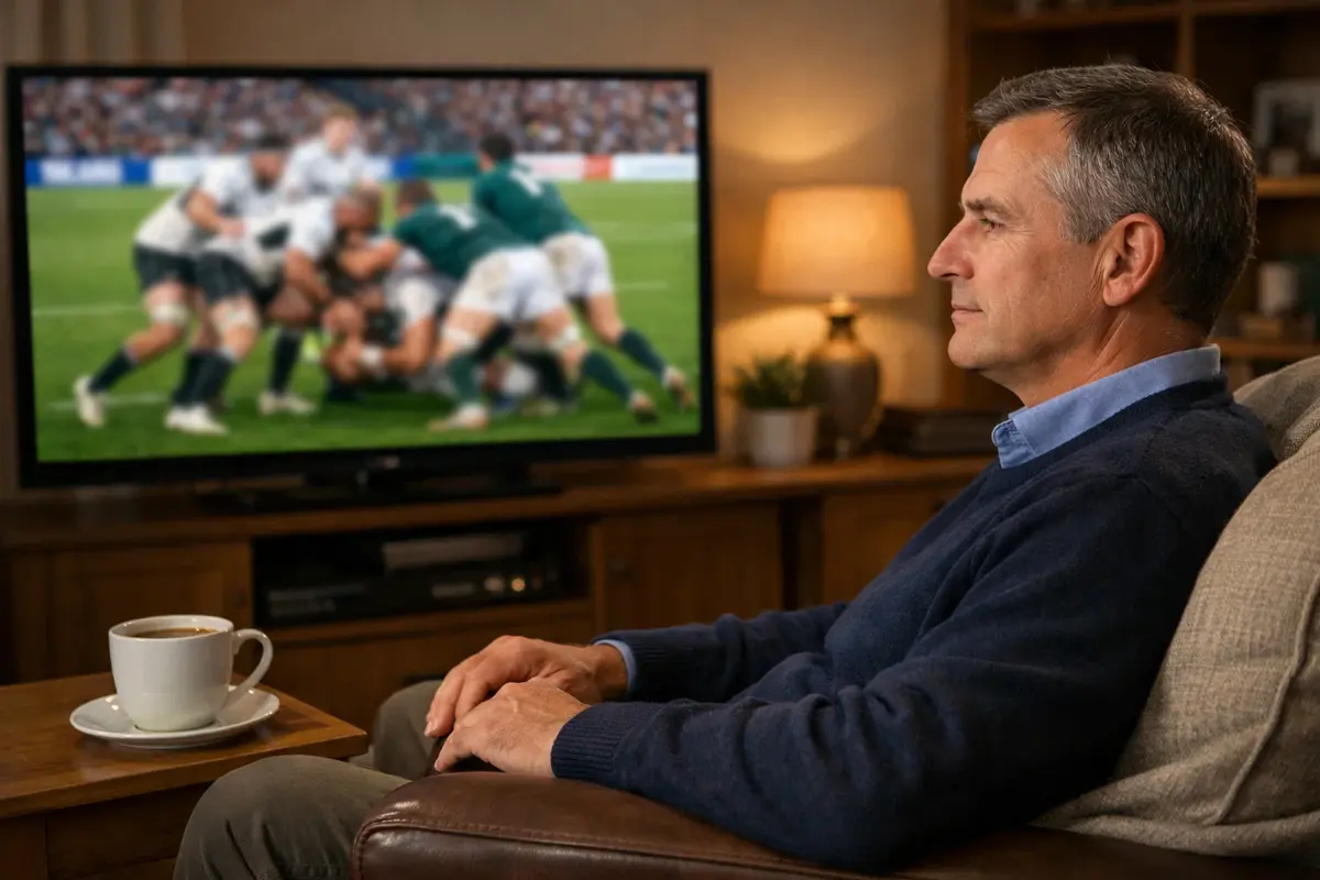 Homme calme et concentré regardant un match de rugby sur téléviseur