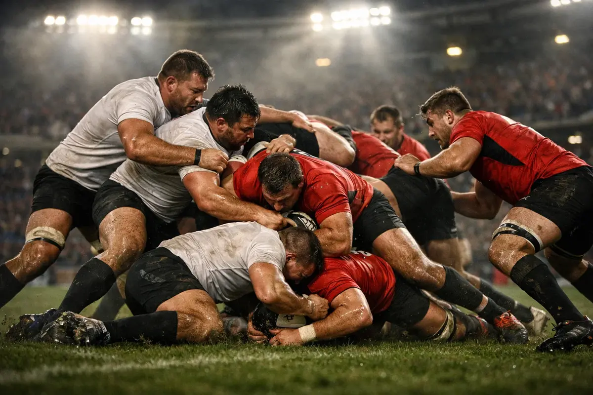Match de rugby en direct avec spectateurs concentrés sur le jeu