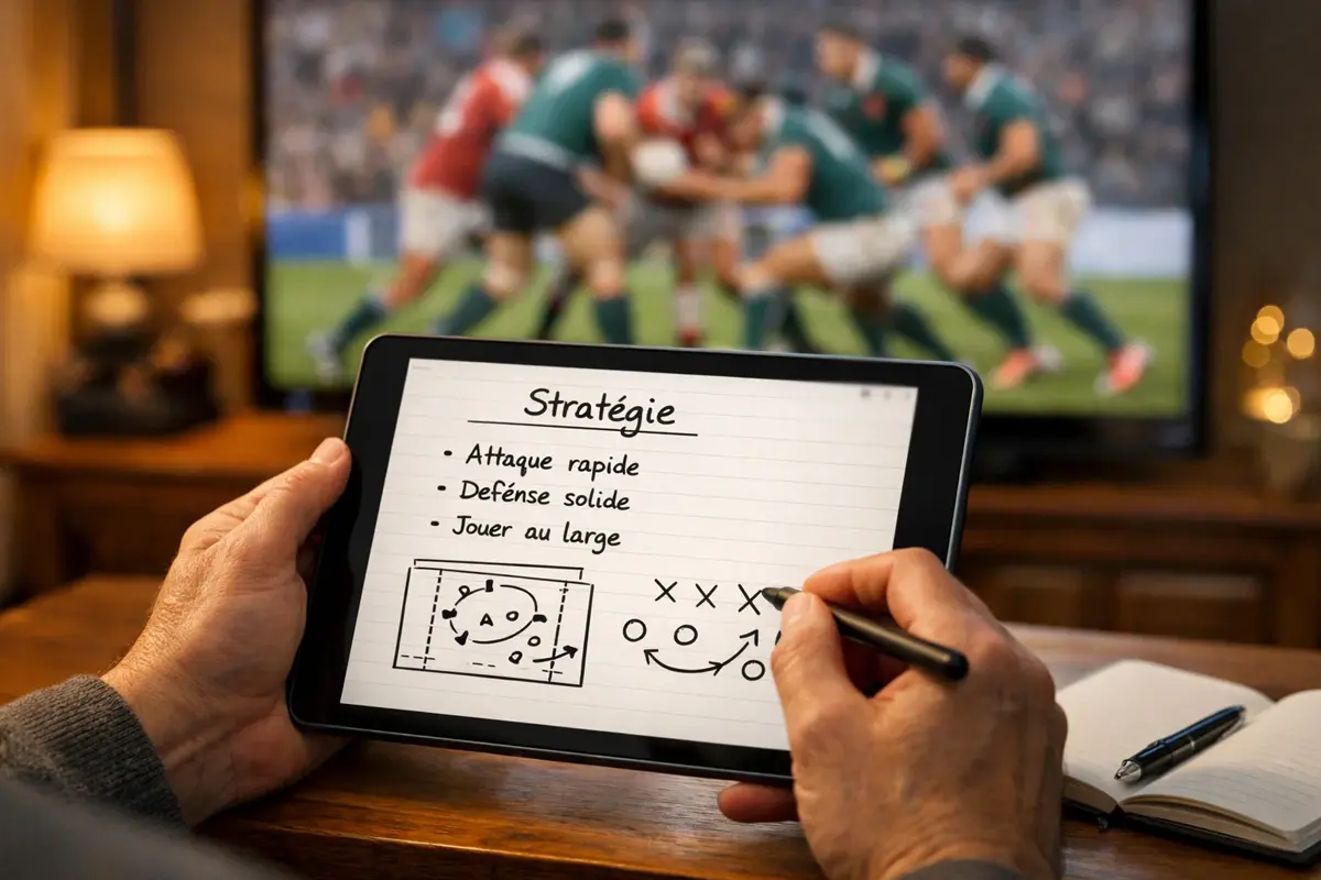 Parieur analysant un match de rugby sur tablette avec notes de stratégie