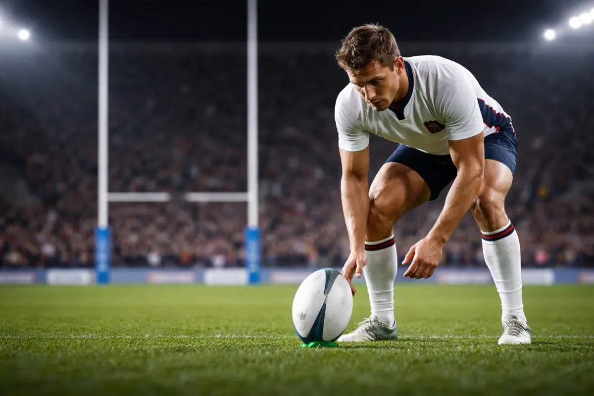 Joueur de rugby préparant une transformation au pied