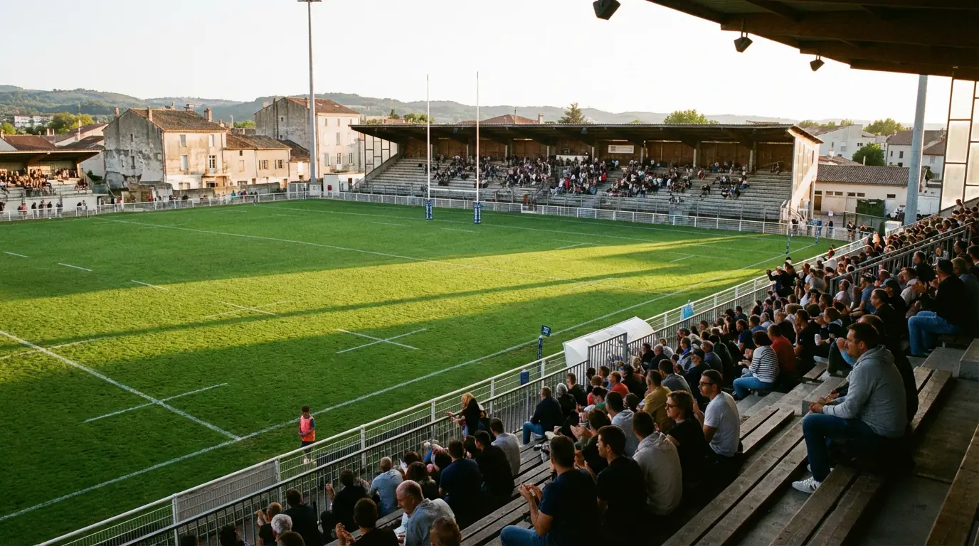 Stade de rugby de Pro D2 avec tribunes et pelouse verte