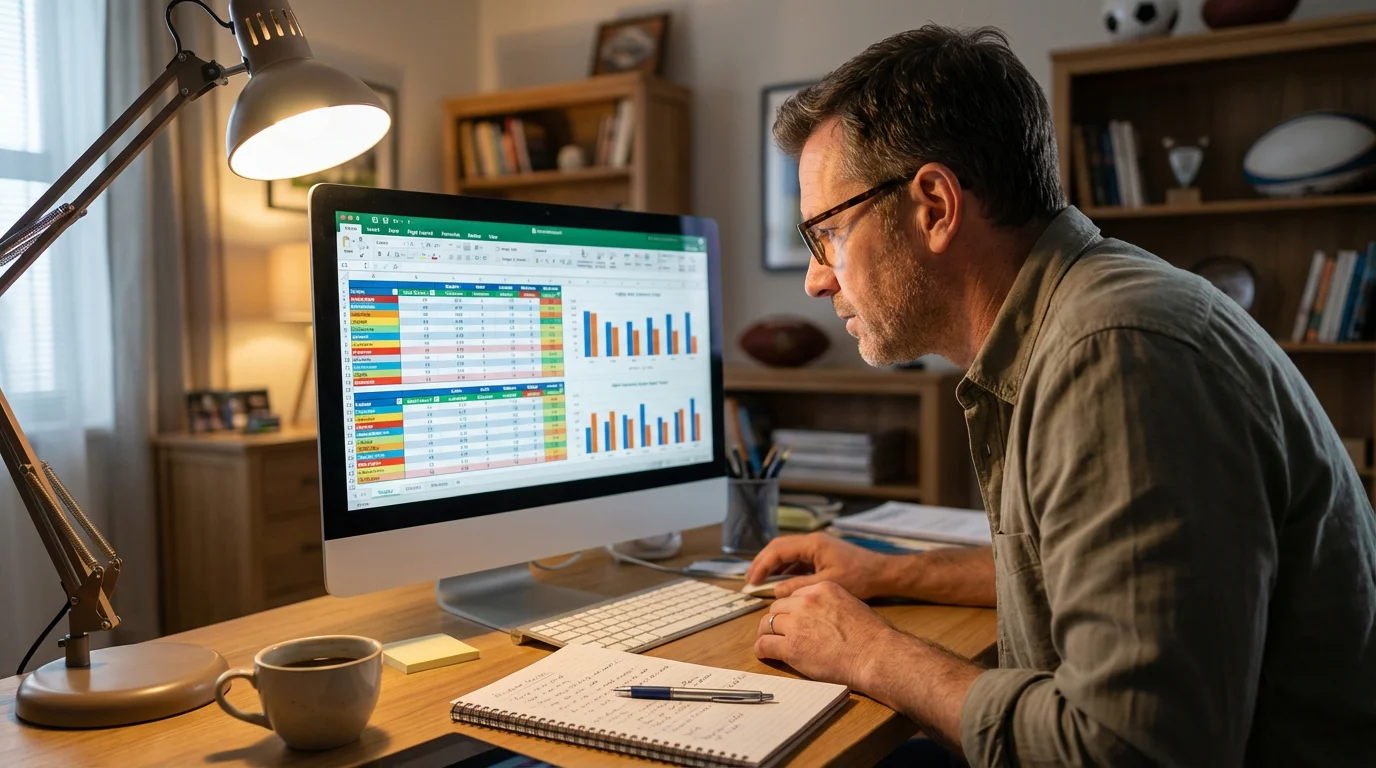 Analyste sportif étudiant des statistiques rugby sur un écran d'ordinateur avec des tableaux de données