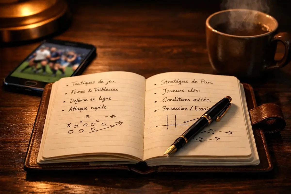 Carnet de notes avec stratégie de paris et stylo sur bureau