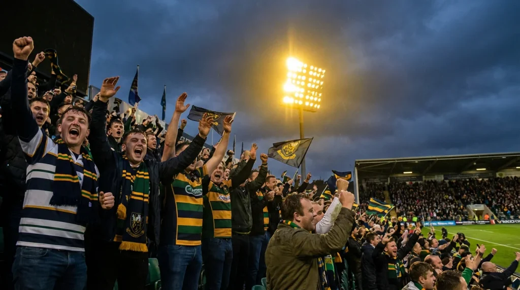 Supporters de rugby enthousiastes dans les tribunes d'un stade à domicile