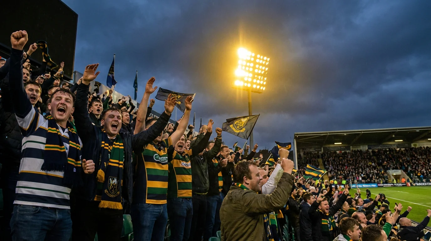 Supporters de rugby enthousiastes dans les tribunes d'un stade à domicile