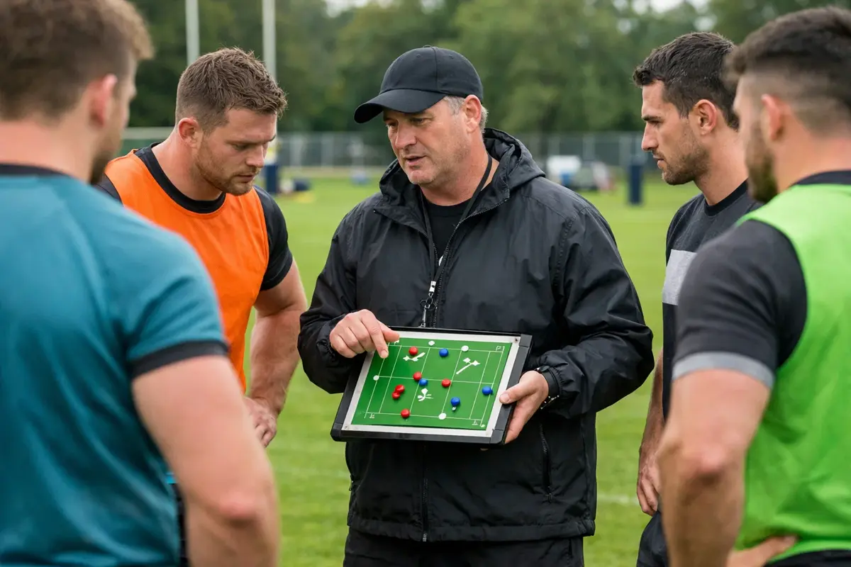 Entraîneur analysant une tactique avec son équipe de rugby