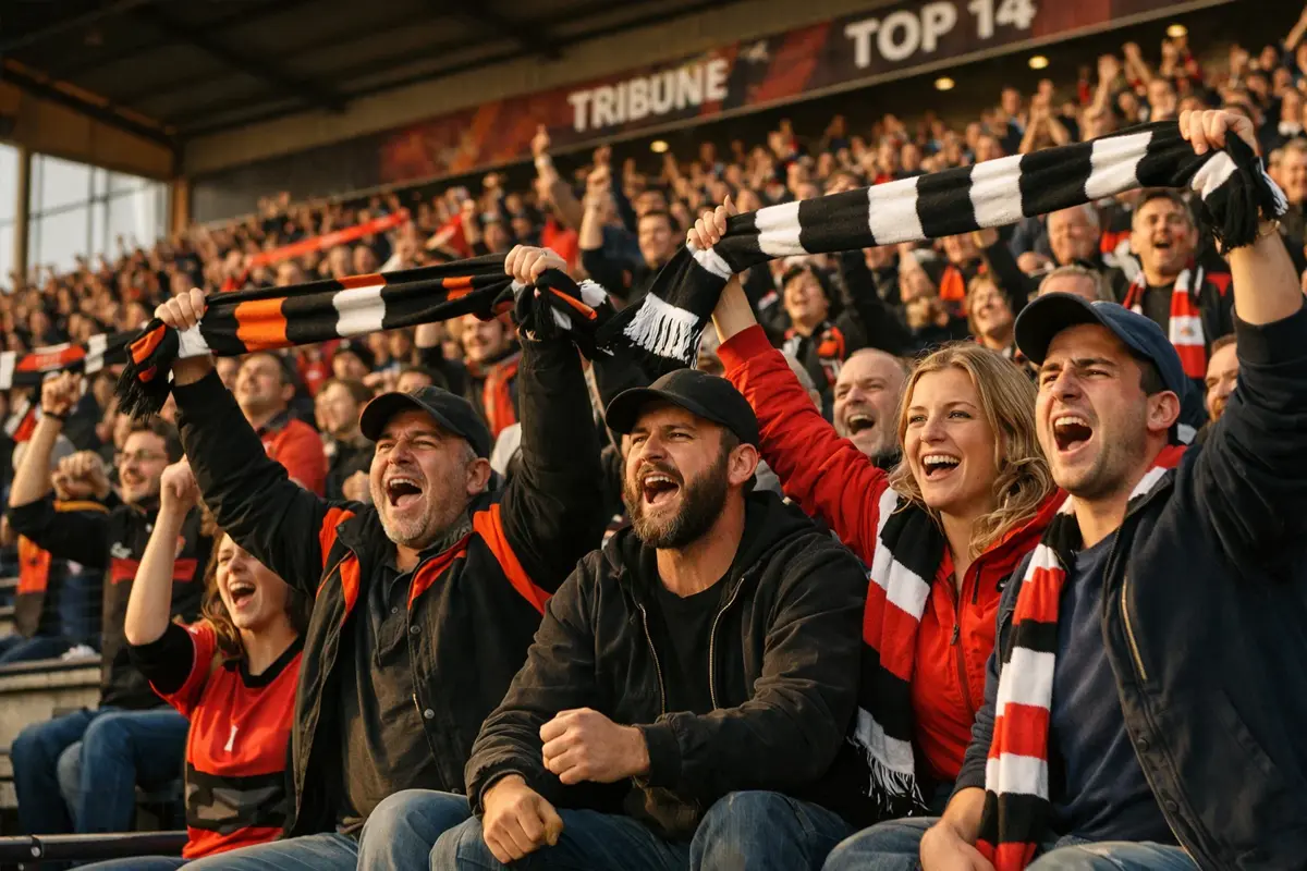 Tribune de supporters dans un stade de rugby français