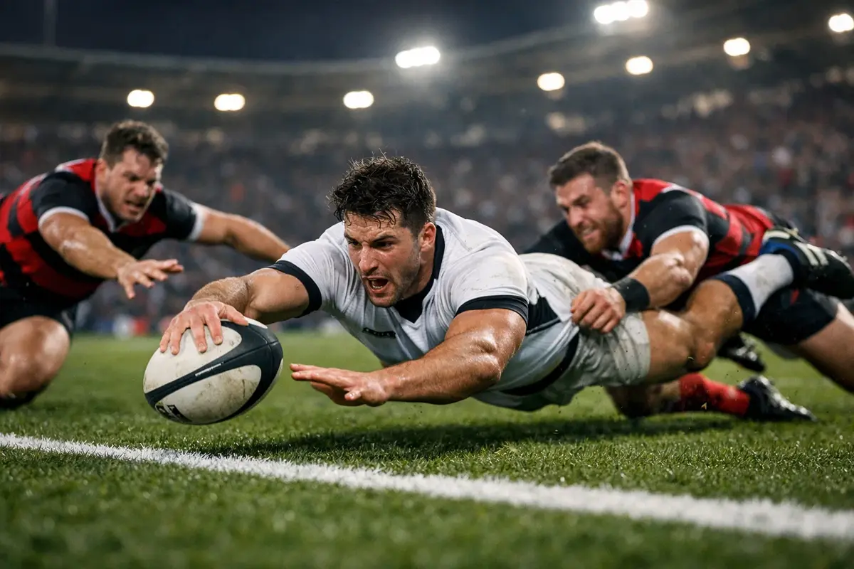 Joueur de rugby marquant un essai lors d'un derby régional