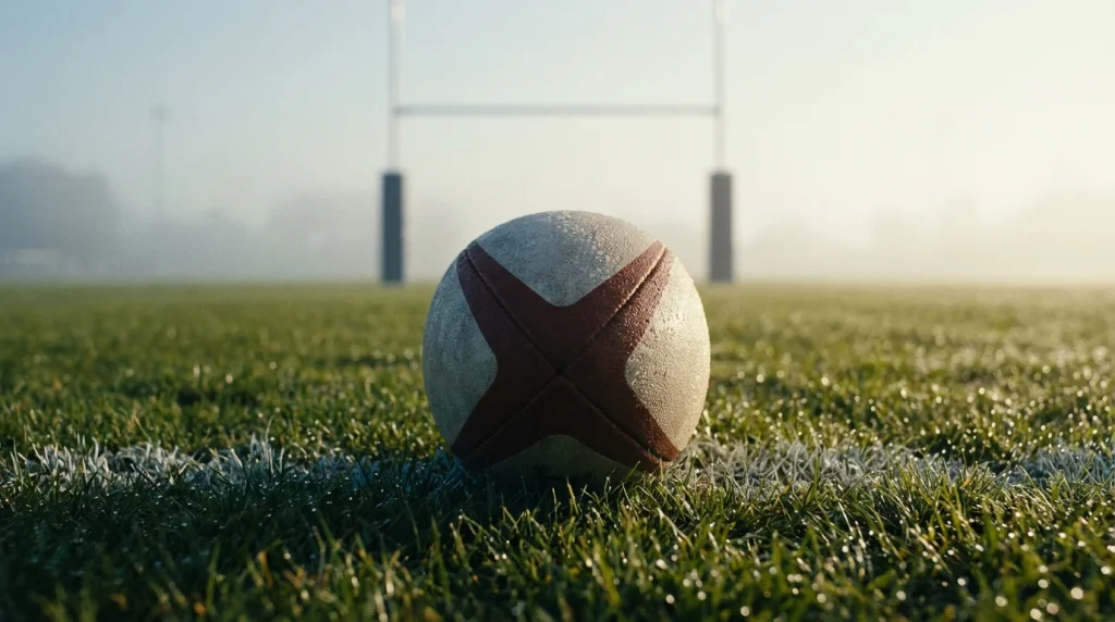 Gros plan sur un ballon de rugby posé sur la ligne d'essai d'un terrain en herbe